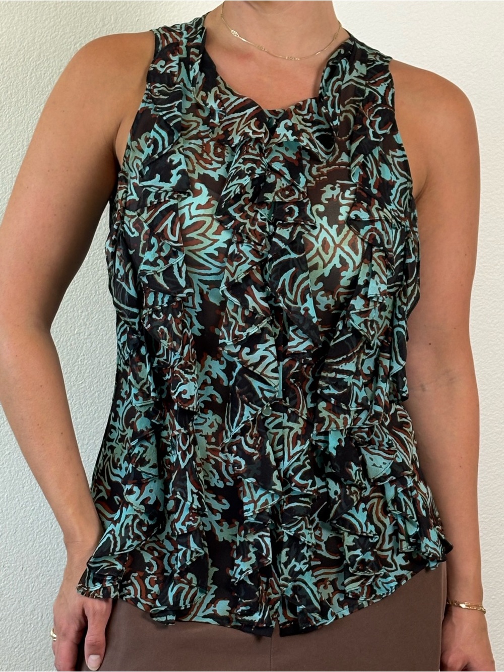 Etcetera Silk Ruffle Blouse Teal Brown Damask Print Size 8 As Is Flaws